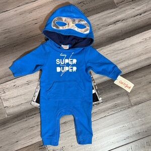 Cat & Jack Blue Superhero Hooded Baby Romper with Silver Cape